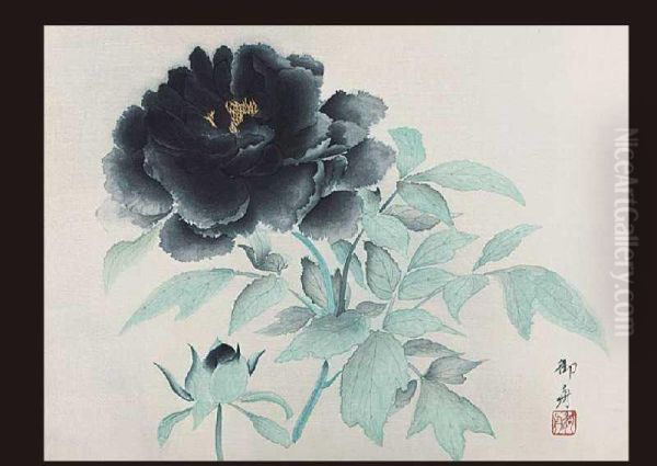 Black Peony Oil Painting by Gyoshu Hayami