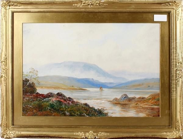 Sailing Boat In A Mountainous Lake Landscape Oil Painting by Arthur Hayes