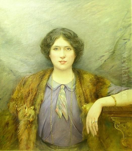 Portrait Of A Lady, Half Length, Wearing Purple Dress And Fur Shawl Oil Painting by Arthur Hayes