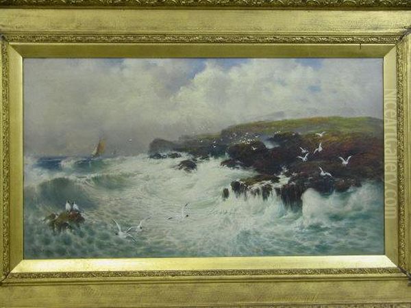 Among The Rocks, Rocky Coastline With Gulls And Fishing Smacks In An On-shore Squall Oil Painting by Bret Hayes