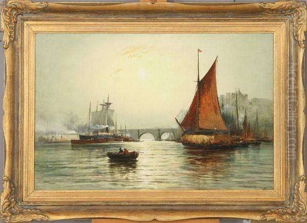 A Harbour Scene With Ships And Figures Oil Painting by Bret Hayes