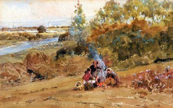 Figures By A Camp Fire Oil Painting by Claude Hayes