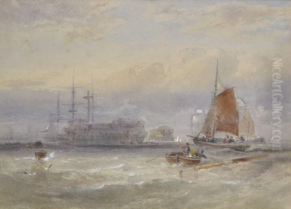 Hulks In Portsmouth Harbour Oil Painting by Edwin Hayes