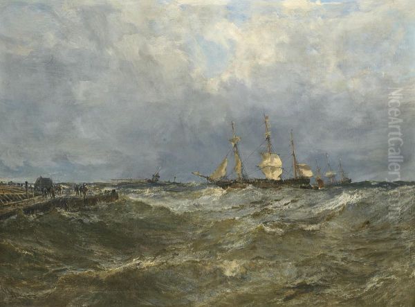 A Merchantman Heaving-to And Calling For A Pilot As She Approaches Harbour Oil Painting by Edwin Hayes