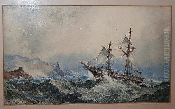 A Ship Caught In Squally Seas, Off A Rocky Coast Oil Painting by Frederick William Hayes