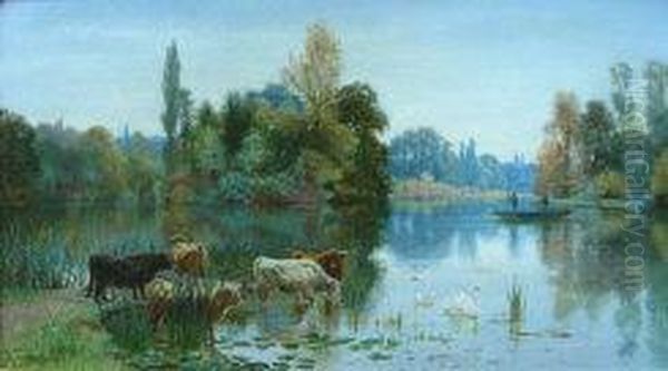 Cattle By The Riverside With Swans Oil Painting by Frederick William Hayes