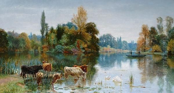 Cattle In A River Landscape Oil Painting by Frederick William Hayes