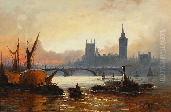 Shipping On The Thames Before Westminster; Andcompanion Oil Painting by John Hayes