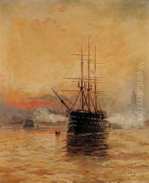 Untitled - Three Masted Ship Atharbour Oil Painting by Lee Hayes