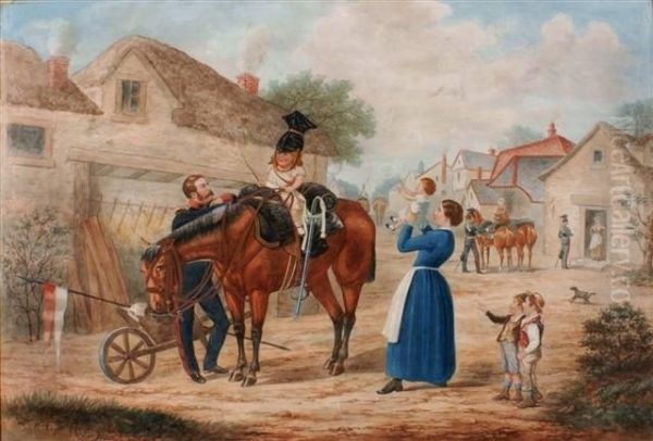 Village Scene With Military Personnel Oil Painting by Michael Angelo Hayes