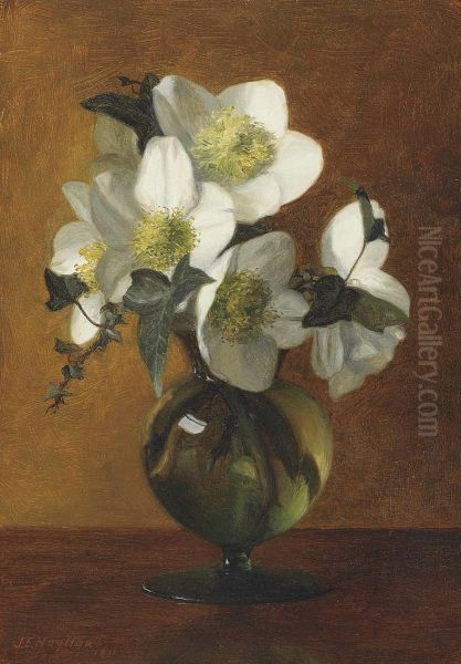 Christmas Roses In A Glass Vase Oil Painting by Jessica Hayllar