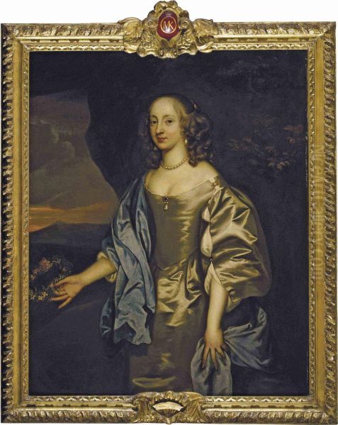 Portrait Of Lady Mary O'kenealy, Three-quarter-length, In An Oyster Satin Dress With A Blue Mantle, Holding A Garland Of Flowers, In A Landscape Oil Painting by John Hayls