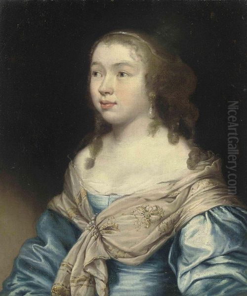 Portrait Of A Young Woman, Half-length, In A Blue Dress And Anembroidered Shawl Oil Painting by John Hayls