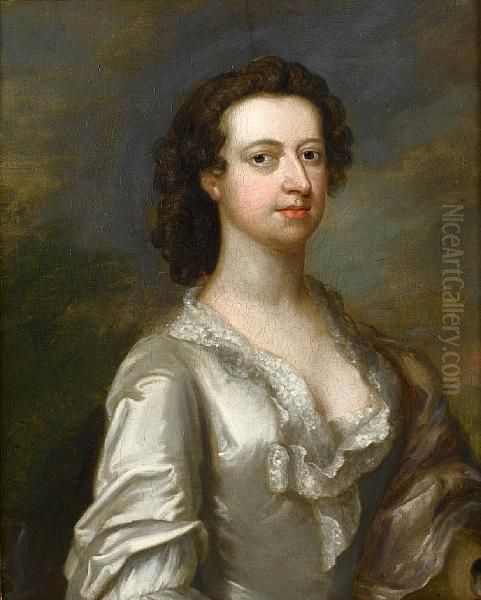 Portrait Of A Lady, Bust-length, In A Whitesatin Dress With A Lilac Wrap Oil Painting by Francis Hayman