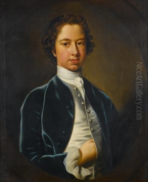 Portrait Of A Young Boy, In A Blue Velvet Coatwith A White Satin Waistcoat, Within A Painted Oval Oil Painting by Francis Hayman