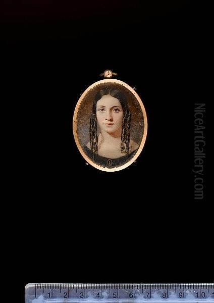 A Young Girl, Wearing Dark Grey Dress With Portrait Miniature Pinned To Front And Gold Necklace, Her Brown Hair Dressed In Ringlets. Oil Painting by Anne Hayter