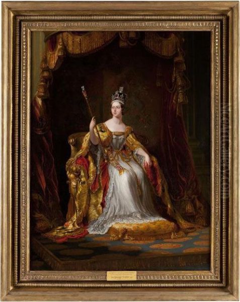 Full Length Portrait Of Queen Victoria In Coronation Robes Oil Painting by Sir George Hayter