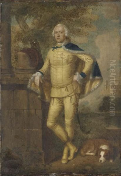 Portrait Of John Manners, Marquis Of Granby, In Masquerade Hussar'scostume, With A Spaniel At His Side, By A Column In A Landscapewith Belvoir Castle Beyond Oil Painting by Edward Haytley