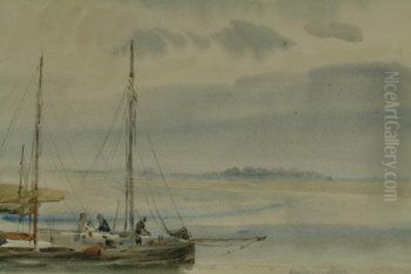 River Estuary With Figures On The Deck Of A Sailing Boat Oil Painting by Alfred Hayward