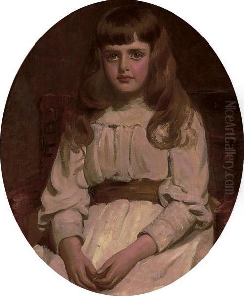 Portrait Of Francesca, Seated Three-quarter-length, In A White Dress With An Ochre Sash, Holding A Ring Oil Painting by Emily L. Hayward