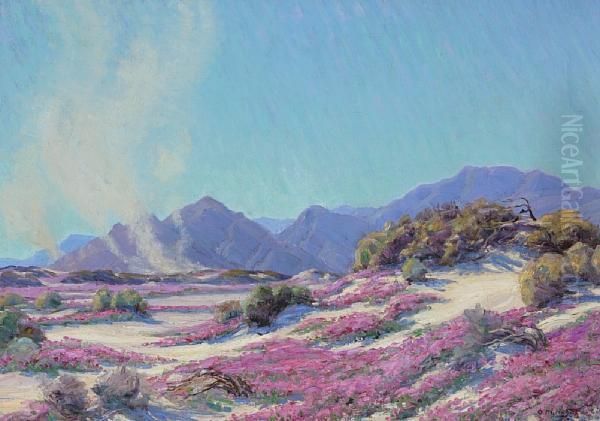 Pink Wildflowers In A Landscape With Dust Devils In The Distance Oil Painting by Arthur Merton Hazard