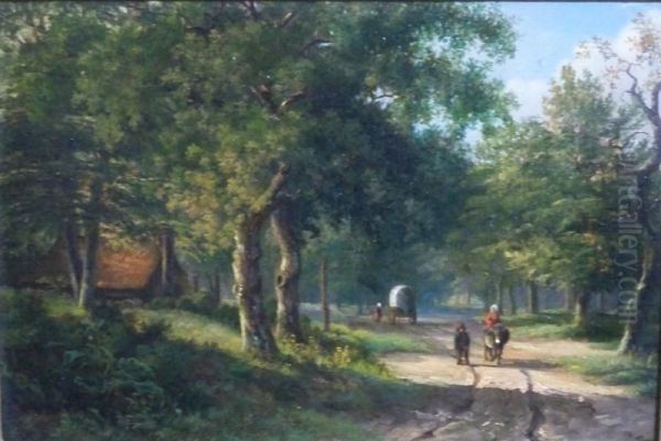 Figures Traveling On A Forest Road Oil Painting by Arend Cornelis Hazeu