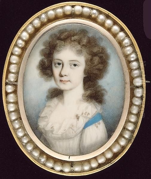 A Young Lady, Wearing White Dress With Frilled Collar And Blue Ribbon Over Her Shoulder, Her Hair Powdered (hairline Crack) Oil Painting by Thomas Hazlehurst