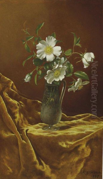 Cherokee Roses In A Glass Vase Oil Painting by Martin Johnson Heade