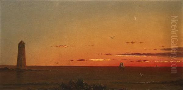 Calm Sea At Sunset, Near A Lighthouse Oil Painting by Martin Johnson Heade