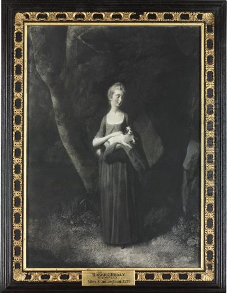 Portrait Of Miss Cunningham Holding Her King Charles Spaniel, Small Full Length Oil Painting by Robert Healy