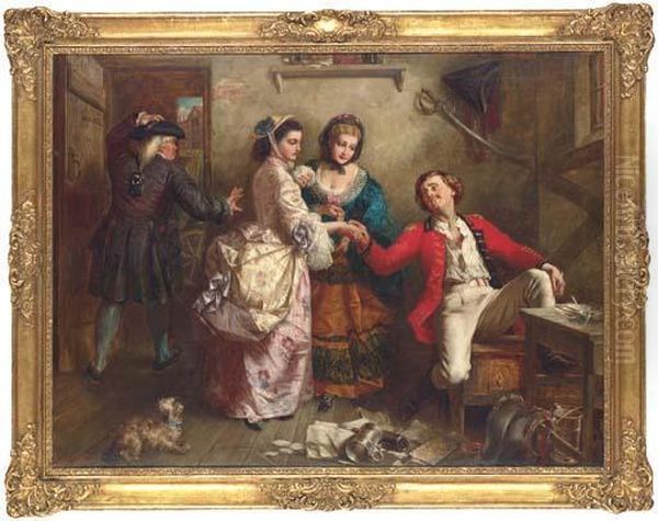 Probably Oliver Goldsmith Discovering His Mistake. 'olivergoldsmith, Having Mistaken A Gentleman's House For An Inn,discovers His Error On Offering Gratuities To The Family Who Hadwaited On Him, Next Morning' Oil Painting by Thomas Frank Heaphy