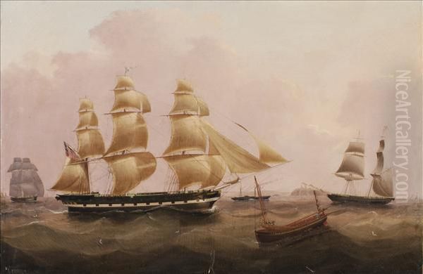 In A Busy Shipping Scene Oil Painting by Joseph Heard