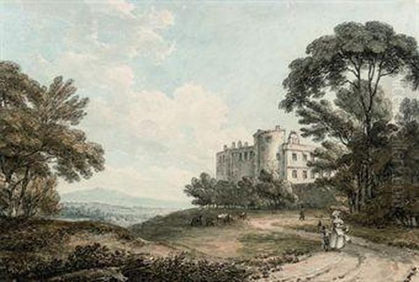 View Of Appleby Castle, Appleby-in-westmorland, Cumbria, With Elegant Figures In The Foreground Oil Painting by Thomas Hearne