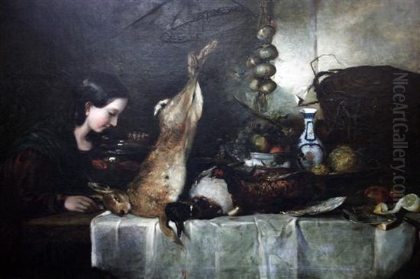 Sarah Heath Seated At A Table With Dead Game, Fruit, Vegetables& Chinese Vase Oil Painting by Charles I Heath