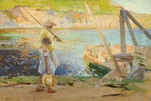 Two Young Fishergirls At Lamorna Cove Oil Painting by Frank Gascoigne Heath