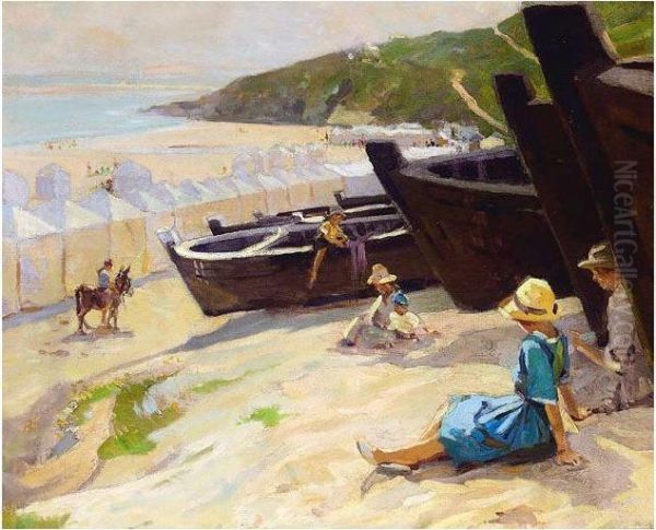 The Heath Family On Porthminster Beach Oil Painting by Frank Gascoigne Heath