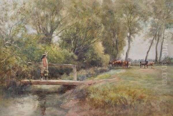 Rural Scene With Girl On Awooden Bridge Oil Painting by William Heath