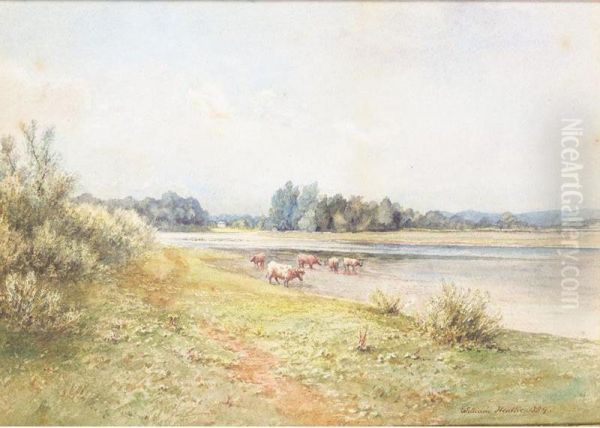 Cattle By A Stream; The Waterfoot, Arran, Channel On A Beach Oil Painting by William Heatlie