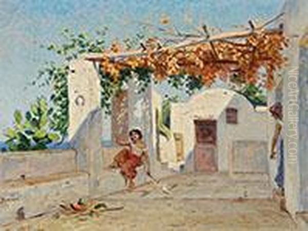 Laubgedeckte Terrasse Eines Hauses Mit Blick Auf Das Meer Oil Painting by Henri Hebert