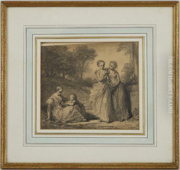 Jeunes Femmes Et Enfant, Scene D'exterieur Oil Painting by Jules Hebert