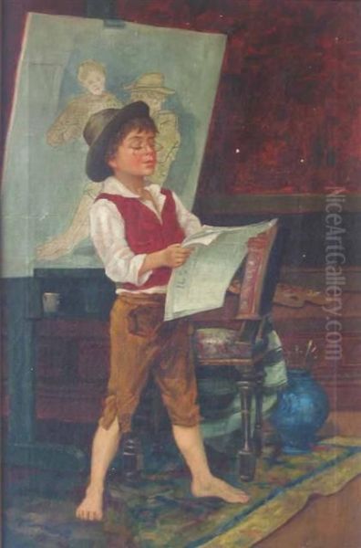 A Boy Reading The Paper Oil Painting by G. Hecht