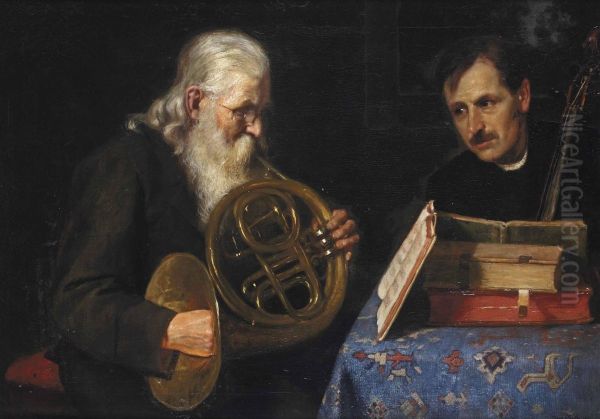 Playing The Horn Oil Painting by Franz Hecker