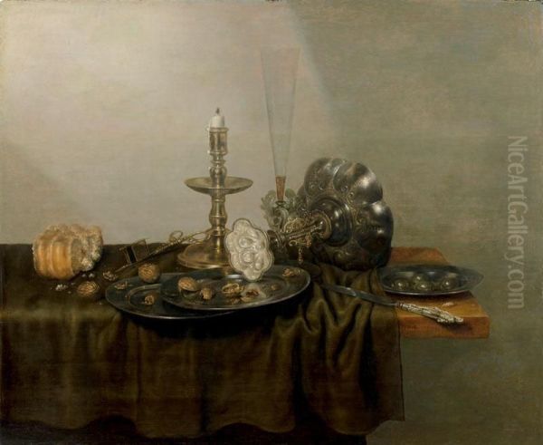 Nature Morte A La Miche De Pain Et Orfevrerie Sur Unentablement Oil Painting by Gerrit Willemsz. Heda