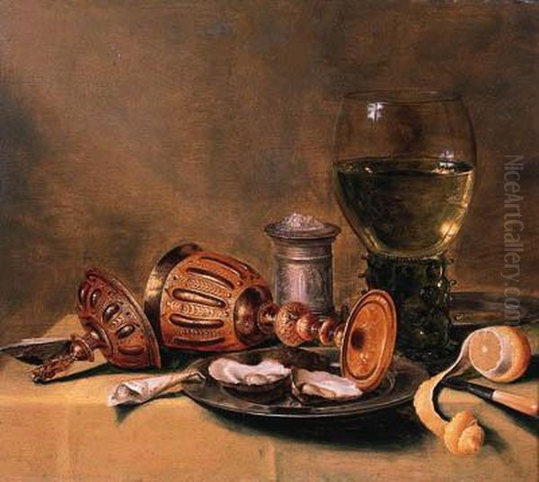 Oysters On A Pewter Plate, An Upturned Cup And Cover, A Roemer Anda Silver Salt On A Draped Table Oil Painting by Gerrit Willemsz. Heda