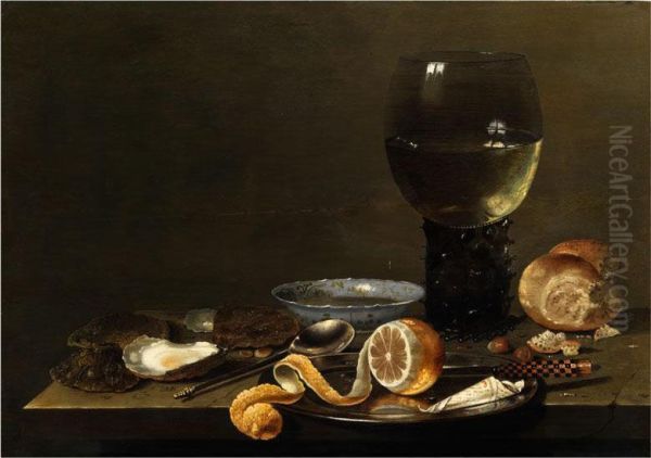 Stilleben Mit Grossem Romerweinglas, Brot, Porzellanschale, Austern, Zitrone Auf Einem Teller Und Einem Fidibus Oil Painting by Willem Claesz. Heda