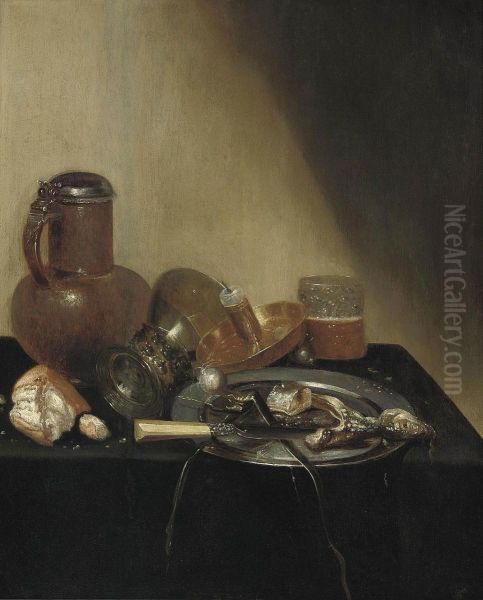 A 'pronk' Still Life, With A Herring On A Pewter Plate, An Earthenware Jug, A Loaf Of Bread, An Upturned Roemer, A Candle Holder, And A Beer Glass On A Draped Table Oil Painting by Willem Claesz. Heda