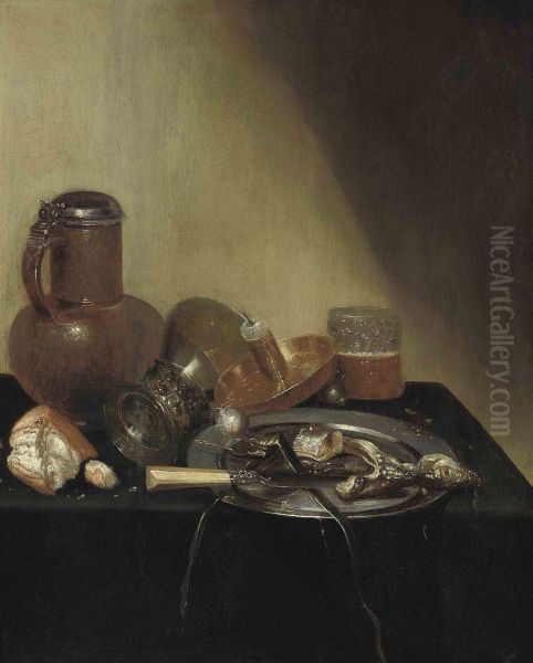 A 'pronk' Still Life, With A Herring On A Pewter Plate, Anearthenware Jug, A Loaf Of Bread, An Upturned Roemer, A Candleholder, And A Beer Glass On A Draped Table Oil Painting by Willem Claesz. Heda