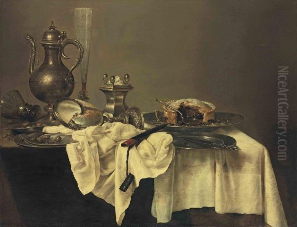 A Blackberry Pie, An Upturned Nautilus Cup, A Salt-cellar, A Facon-de-venise Flute Of Wine, A Silver Ewer, An Upturned Roemer,hazelnuts, A Silver Knife And A Knife-case Oil Painting by Willem Claesz. Heda