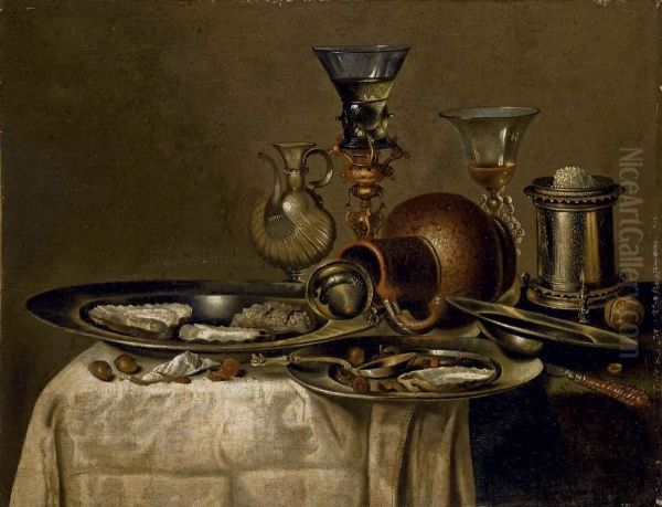 Roemer, Huitres Et Noisettes Dans Des Plats En Etain Poses Sur Une Able Drapee D'une Nappe Blanche Oil Painting by Willem Claesz. Heda