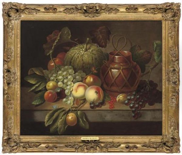 Peaches, Grapes, A Pumpkin, And An Earthenware Jug, With A Bee And Butterflies On A Stone Ledge Oil Painting by George Hedley